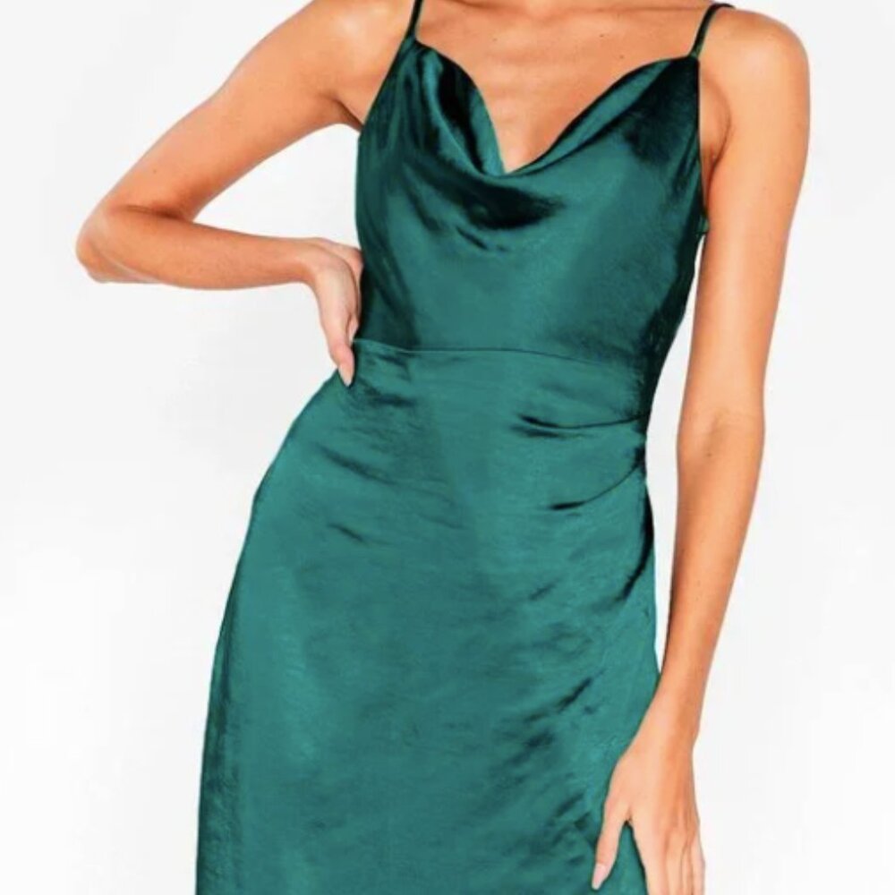 Nasty Gal Emerald Cowl Neck Slit Satin Dress Size 2